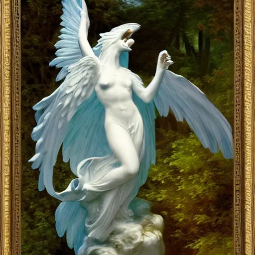 Prompt: Articuno by Pierre-Auguste Cot, dramatic lighting, water spray, glistening