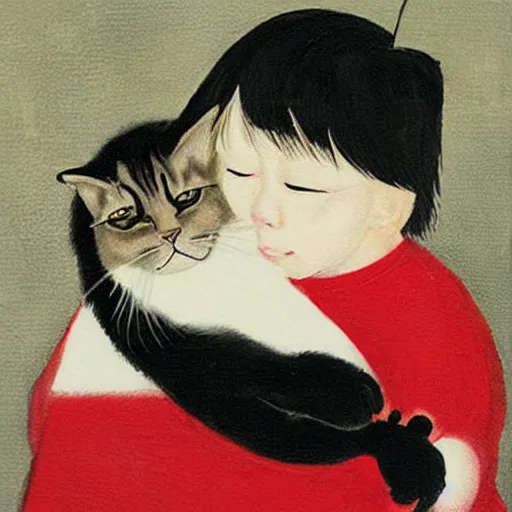 Image similar to a cat attempts to hold an extremely angry child, lowbrow painting by 奈 良 美 智