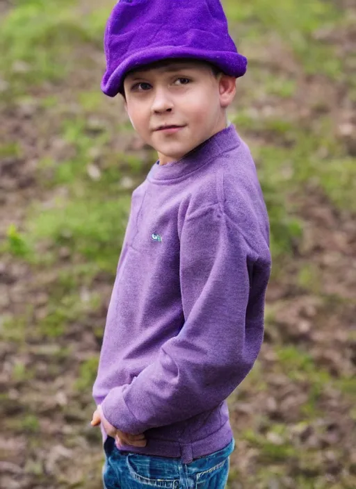 Image similar to portrait photo still of real life young craig tucker wearing a purple hat and purple clothes, 8 k, 8 5 mm, f. 1 4