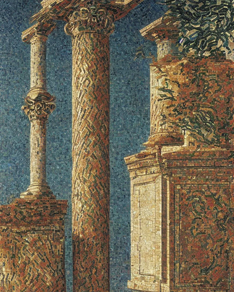 Image similar to achingly beautiful painting of intricate ancient roman corinthian capital on glowing mosaic background by rene magritte, monet, and turner. giovanni battista piranesi.