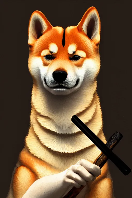 Prompt: close up portrait of shiba inu holding a baseball stick in it's hand, extremely detailed digital painting, in the style of fenghua zhong and ruan jia and jeremy lipking and peter mohrbacher, mystical colors, rim light, beautiful lighting, 8 k, stunning scene, raytracing, octane, trending on artstation