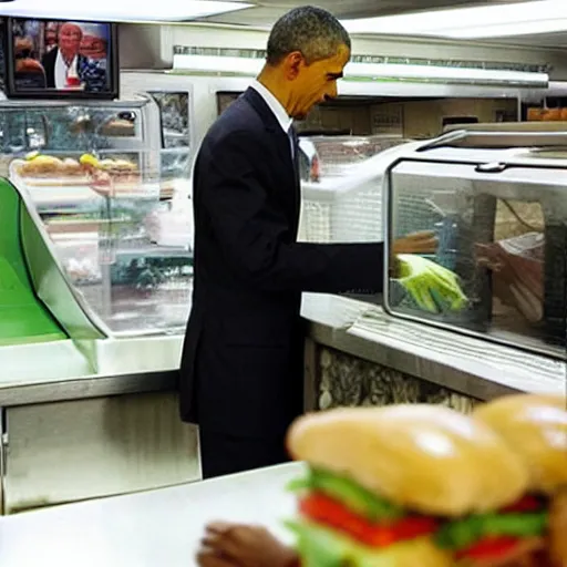 Prompt: “Barack Obama working at Subway, dealing with Karens”