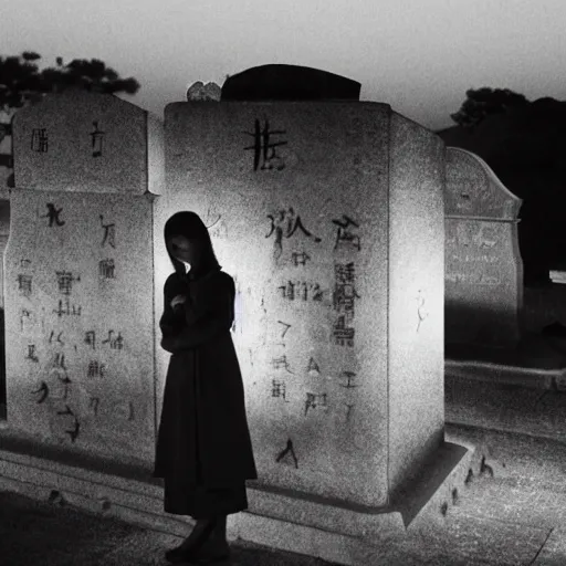 Prompt: black and white photo full shot of beautiful deep thinking Japanese women with perfect eyes and simetrical face, standing in the cementary at night, shot by Akira Kurosawa perfect cinematic light, 8k, highl details, sharp