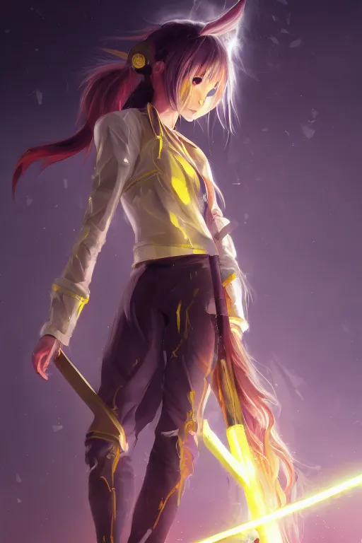 Prompt: anime teen girl with long yellow ponytail wearing white long jacket while holding a lightning scythe with her hands, wlop, concept art, digital painting, trending on artstation, highly detailed, epic composition, 8 k uhd