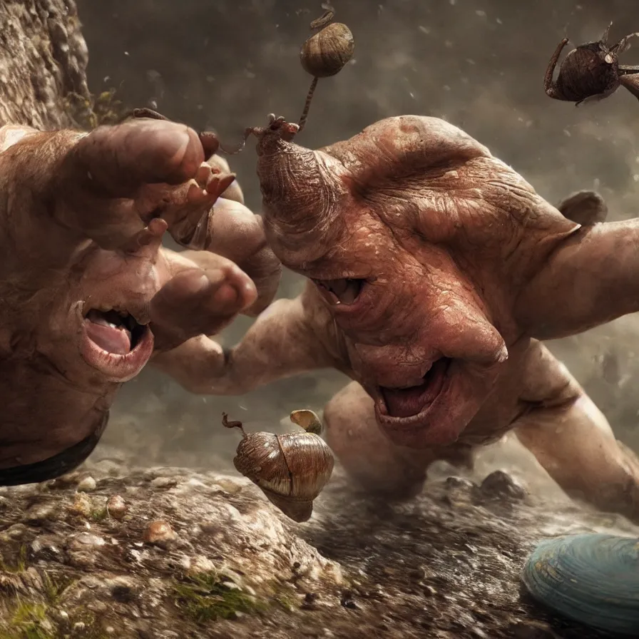 Image similar to an angry man shouting at a snail, photo realistic, photo, full of colour, cinematic lighting, 4 k, hyperrealistic, extreme details, cinematic, masterpiece
