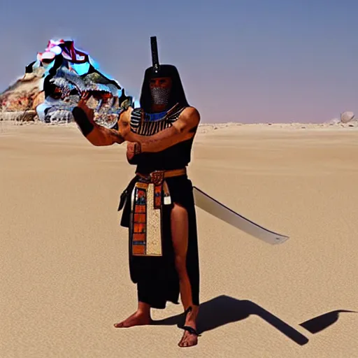 Prompt: egyptian samurai, katana, standing in desert