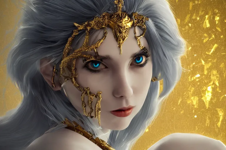 Image similar to Malevolent Ice Queen with gold leaf in the style of Artstation, Unreal Engine, photorealistic, highly detailed