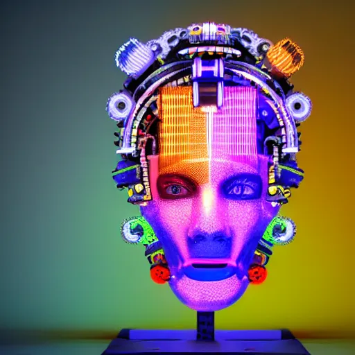 Image similar to a glossy claymodel of a cyberpunk aztec futuristic robot head, top of the head is made of gears and multicolored glowing tubes, eyes are multicolored lamps, 8 k, front shot, symetrical, flourescent colors, halluzinogenic, multicolored, insanely detailed, 3 d render, octane