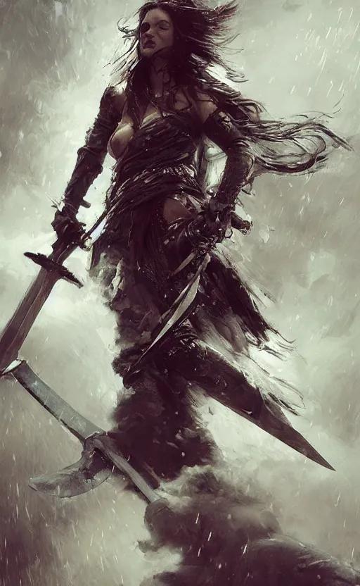 Prompt: “ badass warrior holding a huge sword in a rainstorm, her long bejeweled hair blowing in the wind, by zhaoming wu, nick alm, bernie fuchs, hollis dunlap, gregory manchess, james gurney, craig mullins, sparth, octane render ”