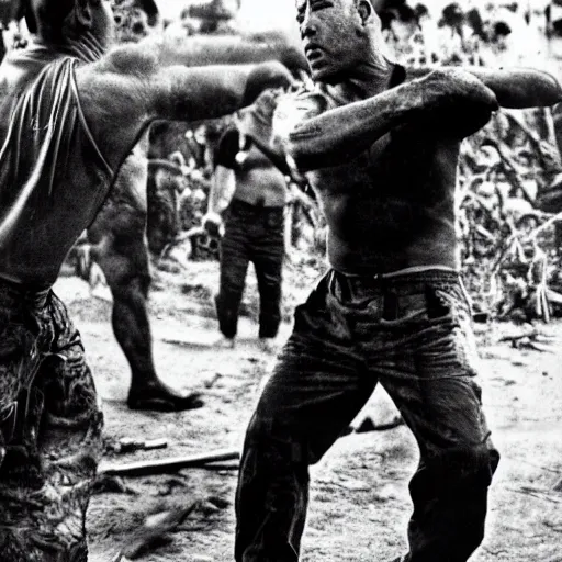 Prompt: a photo of joe rogan fighting in vietnam