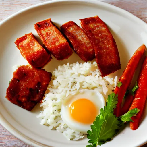 Prompt: delicious plate of rice, eggs and spam