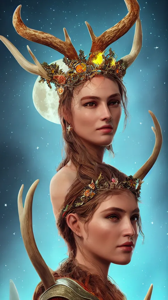 Prompt: portrait of Artemis, goddess of the hunt and the moon, wearing an antler crown, studio lightning, bright colors, intricate, masterpiece, photorealistic, hiperrealistic, sharp focus, high contrast, Artstation HQ, DeviantArt trending, 4k UHD, Unreal Engine 5