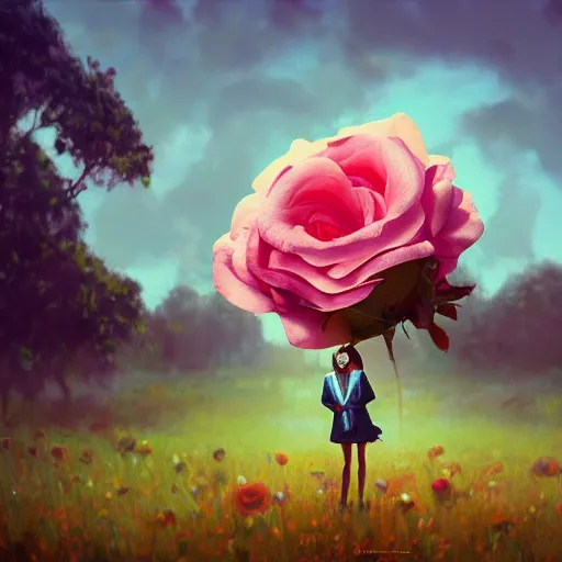 Image similar to closeup, giant rose flower head, frontal, girl in a suit, surreal photography, sunrise, dramatic light, impressionist painting, digital painting, artstation, simon stalenhag