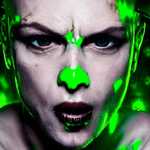 Image similar to a portrait photo of a poison themed character, green glowing cracks on face, poison dripping, gloom, scary face, extremely detailed,