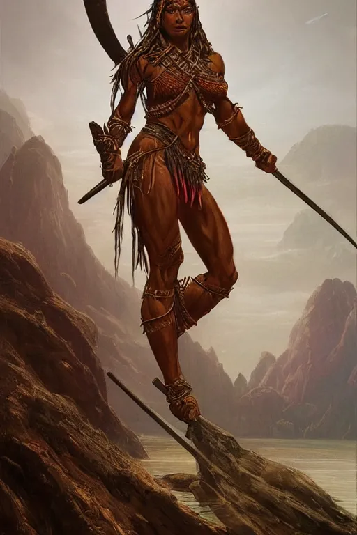 Image similar to ethnic warrior female toned body, wearing tribal armor, holding wodden spear, by thomas cole and wayne barlowe 8 k, high detail, fantasy art, dnd, artstation,