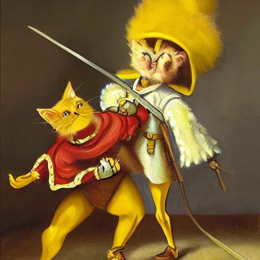 Prompt: masterful, high quality oil painting of a yellow cat dressed as don quixote, fighting giants