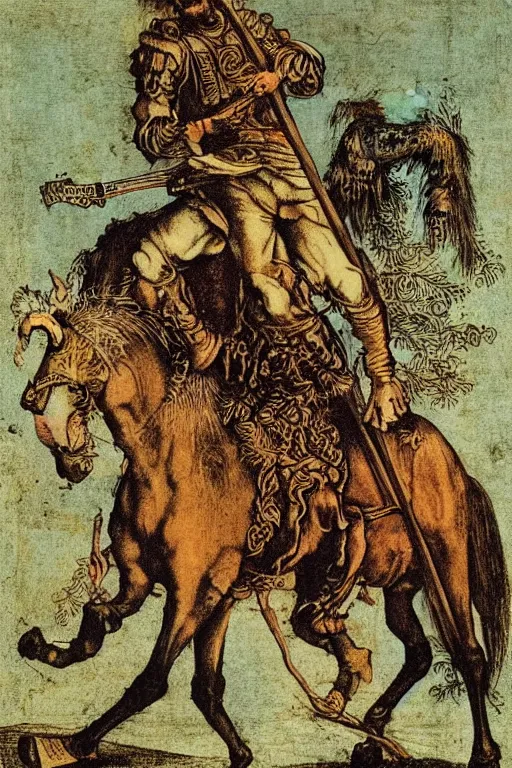 Image similar to 'A woodcut print of Frank Zappa playing the guitar whilst riding a horse, by Albrecht Dürer'