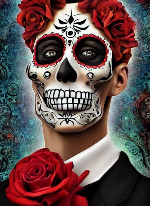 Image similar to dia de los muertos hombre theme surrealist art in the styles of igor morski, jim warren, and a tim burton film, intricate, hyperrealistic, accurate facial details, profile picture with chromakey!!!!! background, volumetric lighting