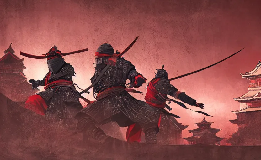 Prompt: highly detailed digital illustration of ninja shinobi in the in old, japanese castle from sengoku period, surrounded by red samurai, cinematic lighting, photobash, raytracing, volumetric lighting