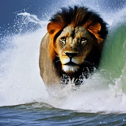 Image similar to a lion's face breaching through a wave, stormy weather