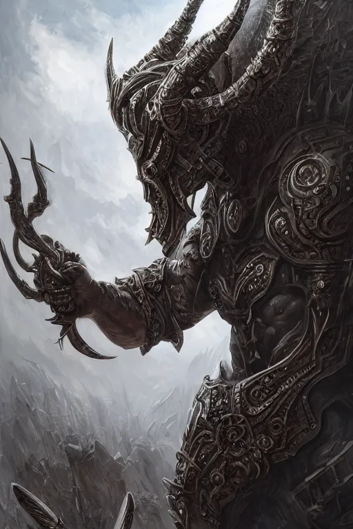 Prompt: ultra realist and ultra intricate detailed soft painting of a gigantic muscled minotaur wearing gothic ornamented armor pieces and claymore, in the jaw of a wyrm, symmetry features, sensual gloomy style, soft painting, volumetric clouds, cyberpunk background, artstation, Boris Vallejo artstyle, unreal render, depth of field