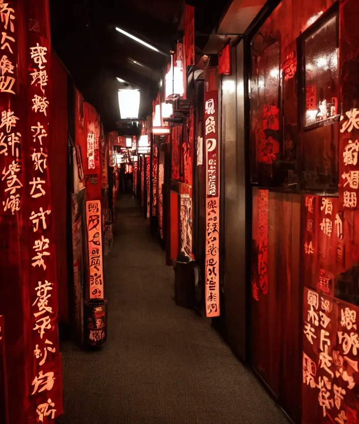 Image similar to spooky photo of a dark infinite hallway of a japanese izakaya with open lit doorways all the way down, dramatic lighting, smoke, ceiling fluorescent lighting, black and red colour palette