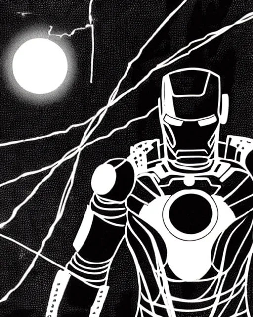 Prompt: black and white sad iron man with wires on hands on the destroed moon, iron man eat banana, wires earth background, by tsutomu nihei