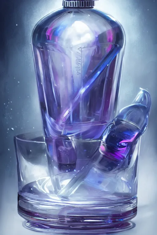 Image similar to concept art of a rolex - star wars liquid dietary supplement in a transparent bottle filled with blue magenta iridescent liquid, by aenaluck, artgerm and roberto ferri and greg rutkowski, blue and white tones, digital painting, artstation, concept art, smooth, sharp foccus ilustration hq