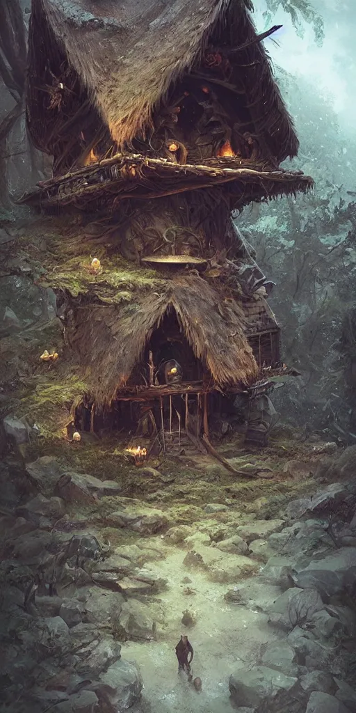 Image similar to a witch hut, greg rutkowski, zabrocki, karlkka, jayison devadas, trending on artstation, 8 k, ultra wide angle, zenith view, pincushion lens effect