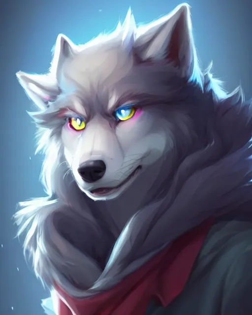 Prompt: character concept art of a dark grey anthropomorphic furry wolf with long red hair blue eyes | | cute - fine - face, pretty face, key visual, realistic shaded perfect face, fine details by stanley artgerm lau, wlop, rossdraws, james jean, andrei riabovitchev, marc simonetti, and sakimichan, artstation