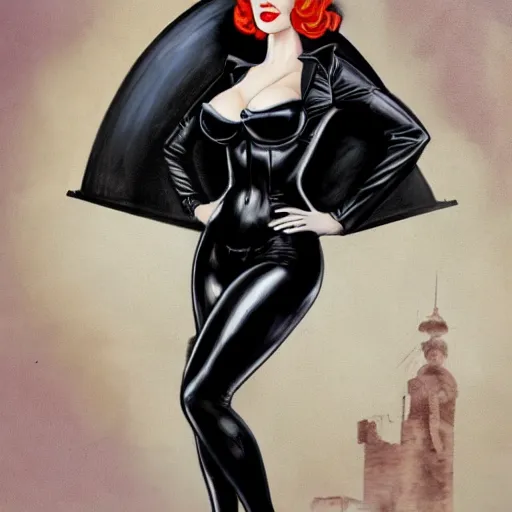 Image similar to Fully-clothed full-body portrait of Christina Hendricks as catwoman as a pinup painting on world war II bomber