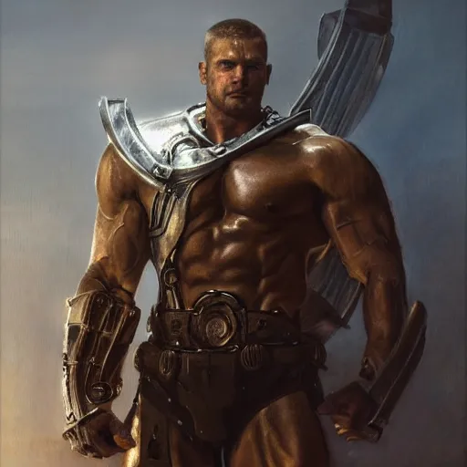 Image similar to handsome portrait of a spartan guy bodybuilder posing, radiant light, caustics, war hero, metal gear, steel bull run, by gaston bussiere, bayard wu, greg rutkowski, giger, maxim verehin