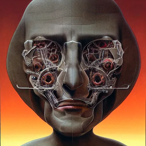 Image similar to biomechanical portrait of man with face connected to machine by Wayne Barlowe