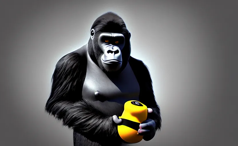 Prompt: gorilla as gru ( despicable me ) on glue bottle, hyperrealistic, concept art, octane render, unreal engine 5, trending on artstation, high quality, highly detailed, 8 k hdr, product photo, centered, minions background, soft lighting, path traced, low contrast, high coherence, symmetrical