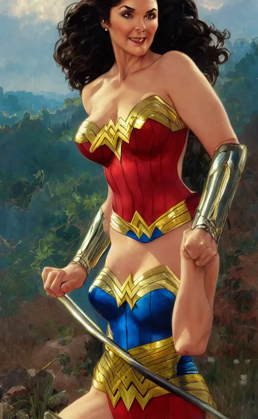 Prompt: portrait of Lynda Carter as wonder woman , tv show by Stanley Artgerm Lau , greg rutkowski, thomas kindkade, alphonse mucha, loish, norman rockwell. Trending on artstation rule of thirds detailed illustration hd 4k