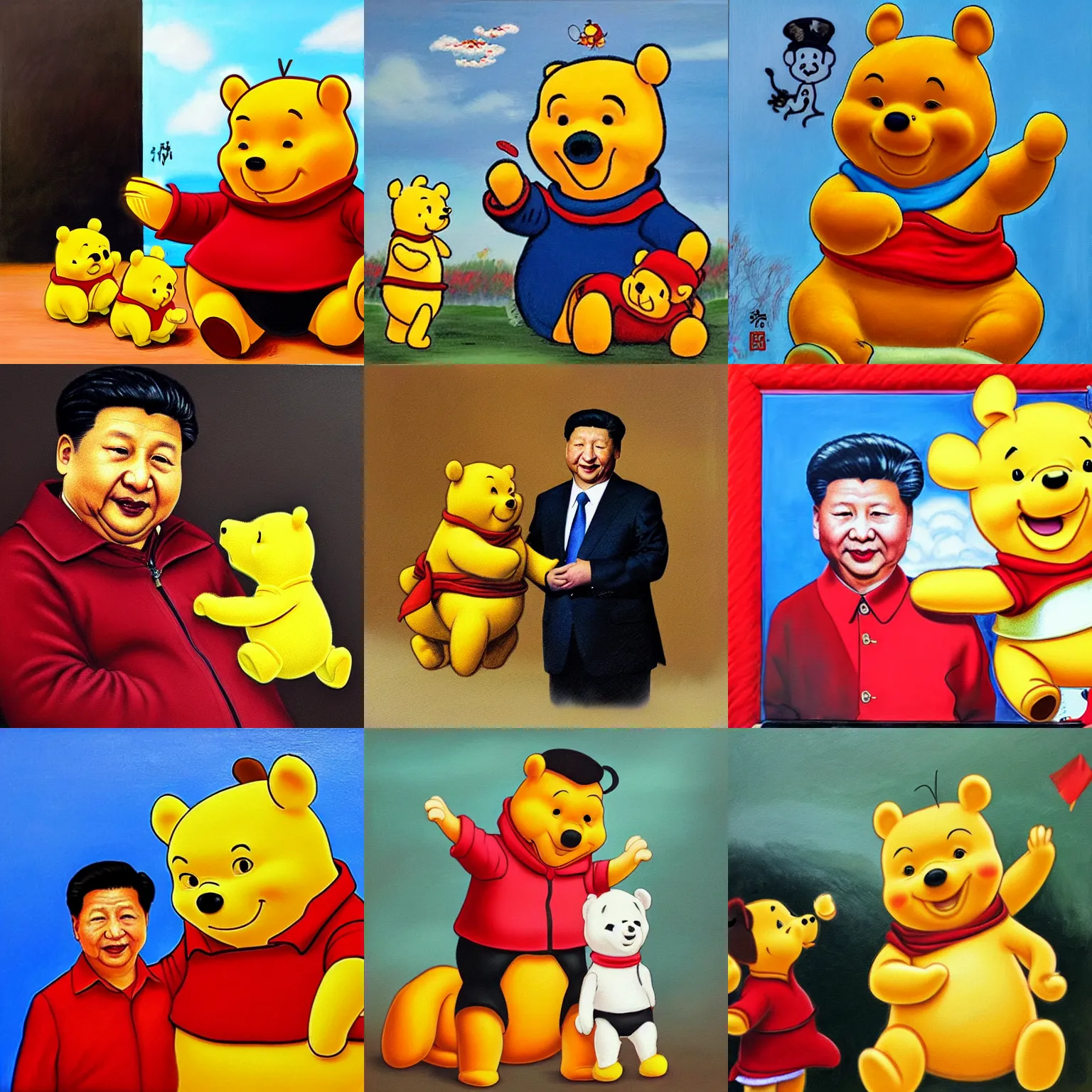 Prompt: Xin Jinping with Winni the pooh, oil painting