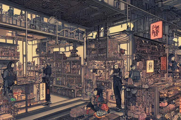 Prompt: cyberpunk japanese merchants in their shop, Industrial Scifi, detailed illustration, character design, intricate, by Martin Grip and Moebius