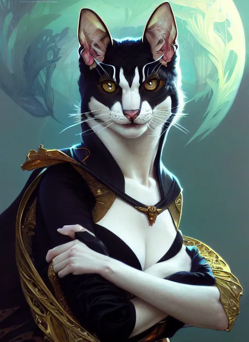 Image similar to tomcat with tuxedo markings, fantasy, intricate, elegant, hyper detailed, ultra definition, photoreal, artstation, unreal engine rendered, concept art, smooth, sharp focus, illustration, art by artgerm and greg rutkowski and alphonse mucha and garis edelweiss