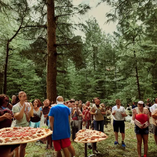 Image similar to a crowd of diverse people worshipping a slice of pizza on an altar during a solar eclipse in a clearing of a forest, 35mm