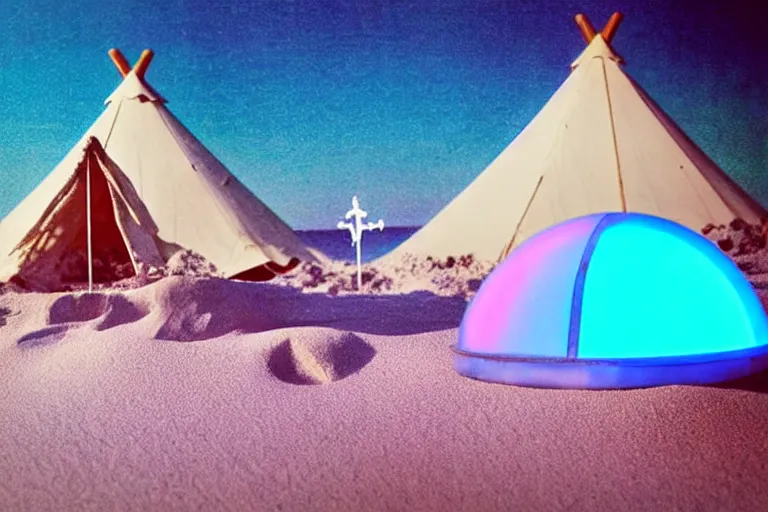 Prompt: a vintage family holiday photo of an empty beach from an alien dreamstate world with chalky pink iridescent!! sand, reflective lavender ocean water and a pale igloo shaped plastic transparent bell tent next to firepit with open blue flame. refraction, volumetric, light.