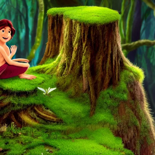 Image similar to fairy sitting on moss covered stump, from the jungle book, disney animation, extremely detailed