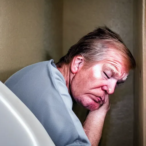 Image similar to a disheveled Trump in prison clothing sitting on a jail cell toilet crying. wide angle. The floor is grimy. candid photograph.