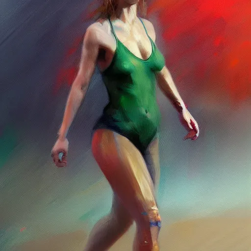 Prompt: A realistic hyperdetailed multi-colored digital oil full body portrait painting of a sydney sweeney at the beach in the style of Guy Denning, Ruan Jia, and Craig Mullins. Trending on ArtStation and DeviantArt. CGSociety Digital art.