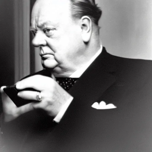 Image similar to A black and white photograph, circa 1940s, of Winston Churchill looking down at his smartphone