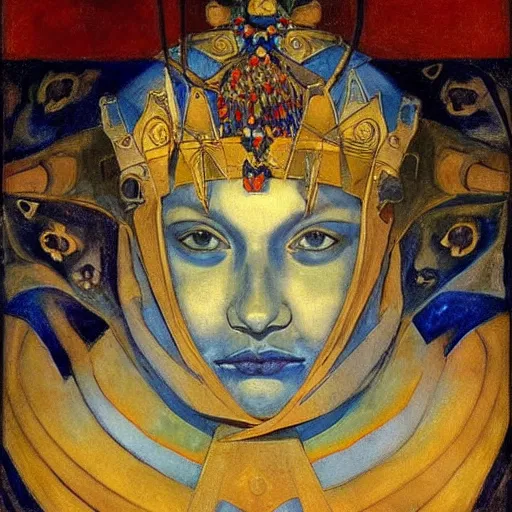 Image similar to the corvid crown, by Annie Swynnerton and Nicholas Roerich and Diego Rivera, blue skin, elaborate costume, geometric ornament, rich color, dramatic cinematic lighting, smooth, sharp focus, extremely detailed