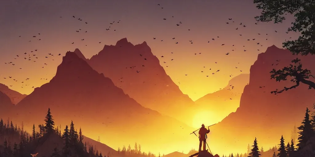 Prompt: A majestic landscape featuring a river, mountains and a forest. A group of birds is flying in the sky. There is an old man with a dog standing next to him. The man is wearing a backpack. They are both staring at the sunset. Cinematic, very beautiful, painting in the style of firewatch