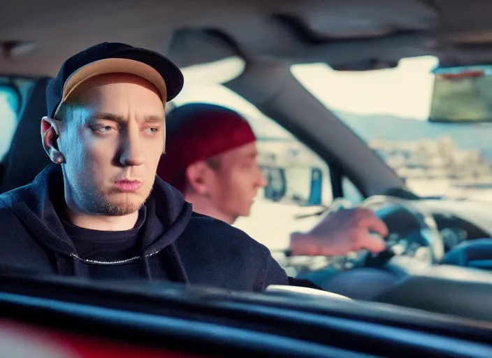 Image similar to a very high resolution image from a new movie, eminem in a car car. inside of a car. alone. mountains, directed by wes anderson