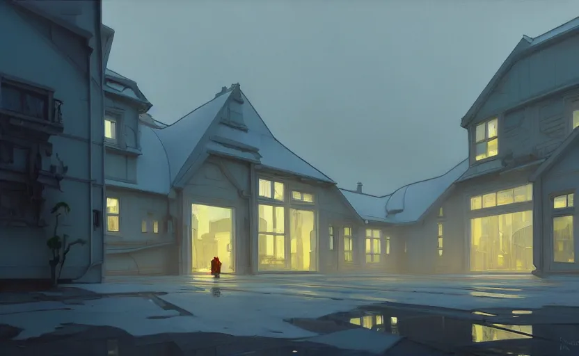 Image similar to painting of a wide angle exterior shot of a white modern architecture with cinematic lighting by richard rogers, darek zabrocki and greg ruthkowski, alphonse mucha, simon stalenhag and cinematic and blue cold atmospheric, archillect concept art, artstation, trending on artstation