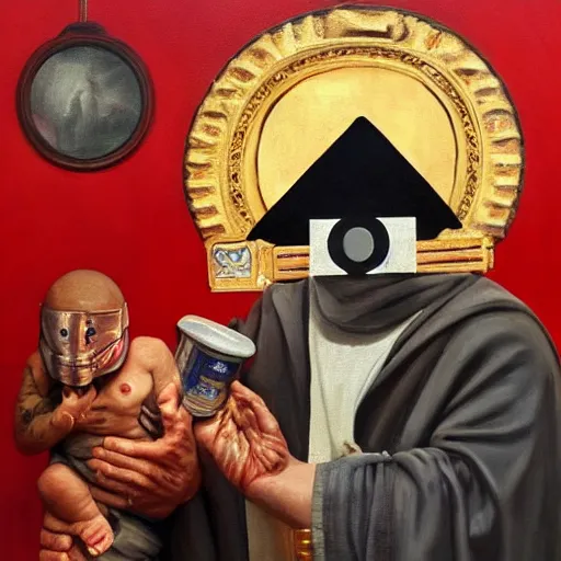 Image similar to hyperrealism oil painting of a handsome man, strong jaw, symmetrical, sitting in a gilded throne, tubes coming out of the man's arm, getting a blood transfusion from a baby. plague doctor in the background. in the style of brutalism mixed with retro japanese book art