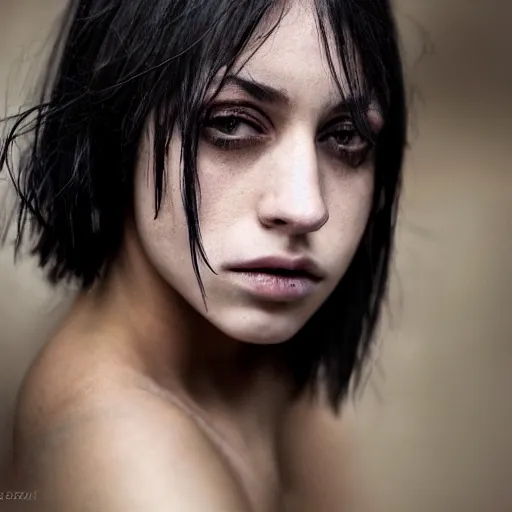 Image similar to a portrait of a stunningly beautiful emo female with bottom lip tattoos, dark eyes, dark hair, olive skin, depth of field, zeiss lens, detailed, centered, artstation, fashion photoshoot, by Annie Leibovitz and Steve McCurry, David Lazar, Jimmy Nelsson, Breathtaking, 8k resolution, extremely detailed, beautiful, establishing shot, artistic, hyperrealistic, beautiful face, octane render